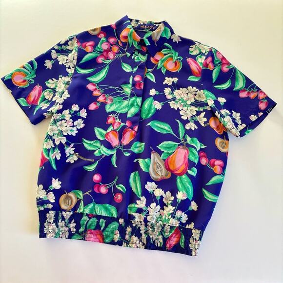 Vintage Asayo Short Sleeve Half Button Up Fruit Print Blouse Size Small - Picture 9 of 9